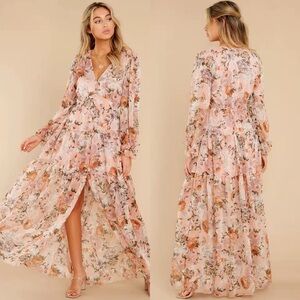 Orange Multicolor Boho Floral V-neck Long Sleeve Maxi Dress w/ Slit